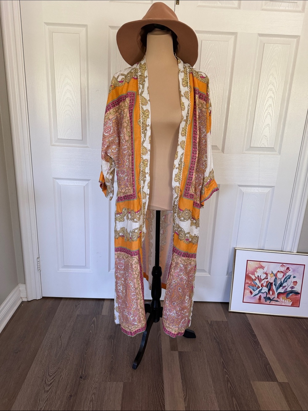 Magaschoni purple & Orange Paisley Open-Front Duster Linen
